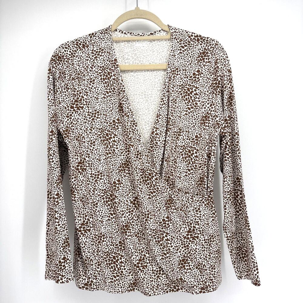 Lands’‎ End Faux Wrap Top Medium Petite Brown Cow Print Surplice Mob Wife